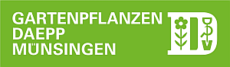 Grünes Logo mit Blume, Sichel und Spaten von Gartenpflanzen Daepp Münsingen | Lobsiger Gartenbau AG