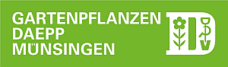 Grünes Logo mit Blume, Sichel und Spaten von Gartenpflanzen Daepp Münsingen | Lobsiger Gartenbau AG